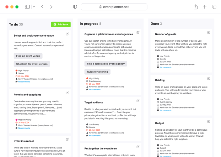 Screenshot of the eventplanner.net event software.