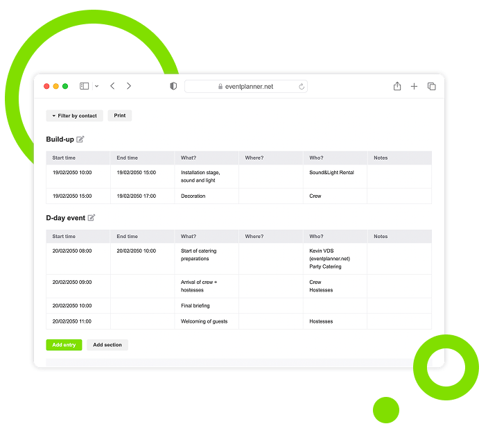 Screenshot of the eventplanner.net Call Sheets feature.