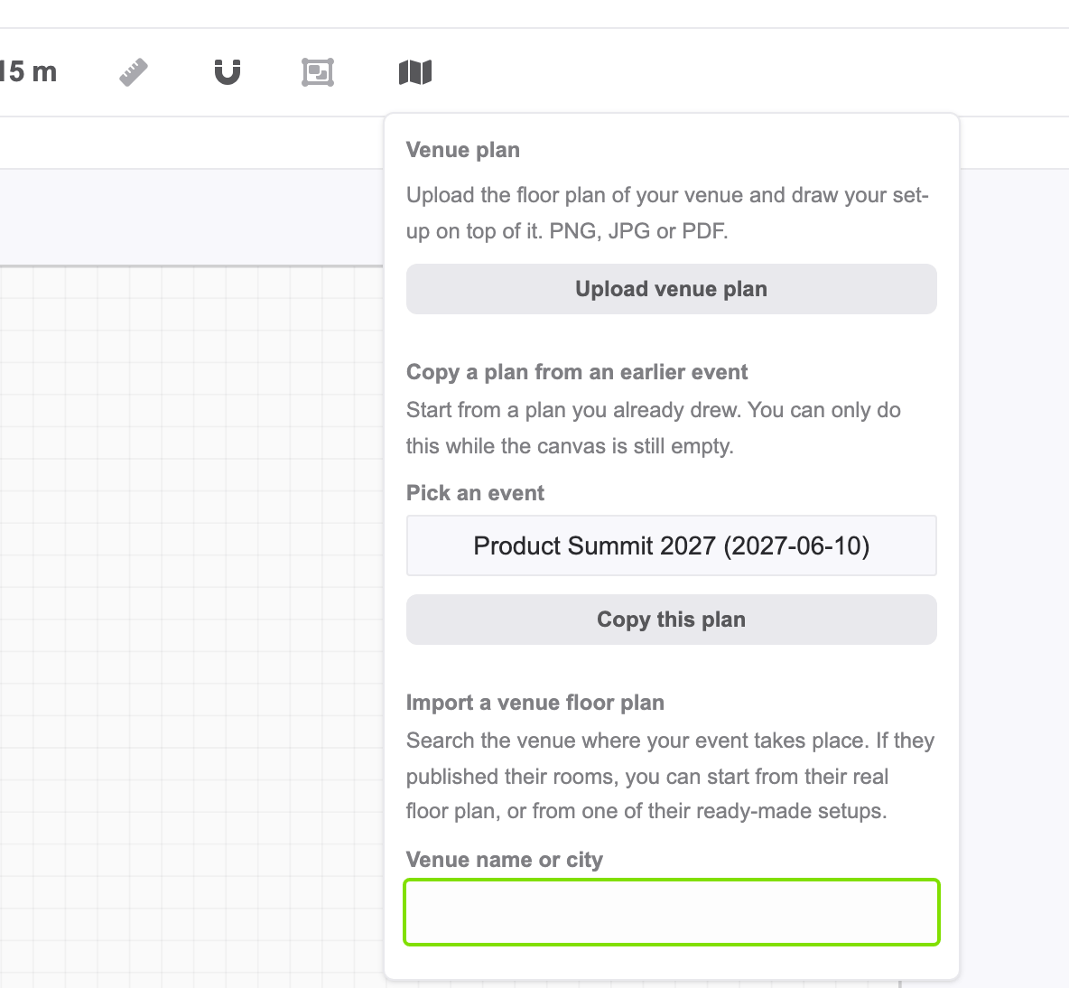 Copying an earlier plan or importing the floor plan of a venue